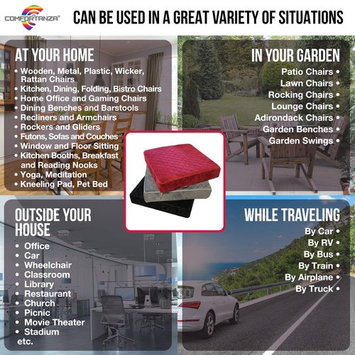 COMFORTANZA Booster Cushion for Adults - 18x18x5 Medium-Firm Seat Cushion for Home, Office, Wheelchair, Car - Washable Velvety Cover with Waterproof Layer, Removable Strap & Non-Slip Base - Black