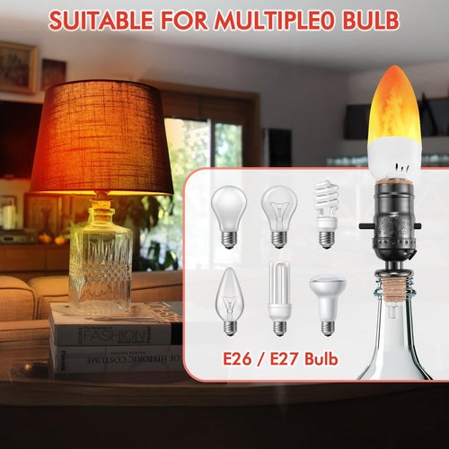 2 Set DIY Wine Bottle Lamp Kit with E26 LED Light Bulbs for Liquor Bottle, w/Glass Drill Bit and Lid, Black Cord w/Lamp Socket, 3 Size Tapper Cork (W/ 2 Flame Effect Light Bulbs)
