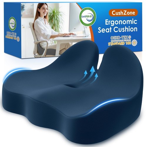 Cushzone Seat Cushion, Memory Foam Office Chair Cushions, Ergonomic Curved Design for Sciatica, Tailbone, Coccyx, Seat Support for Car, Desk Chair, Wheelchair, Enhances Long Sitting Comfort (Blue)