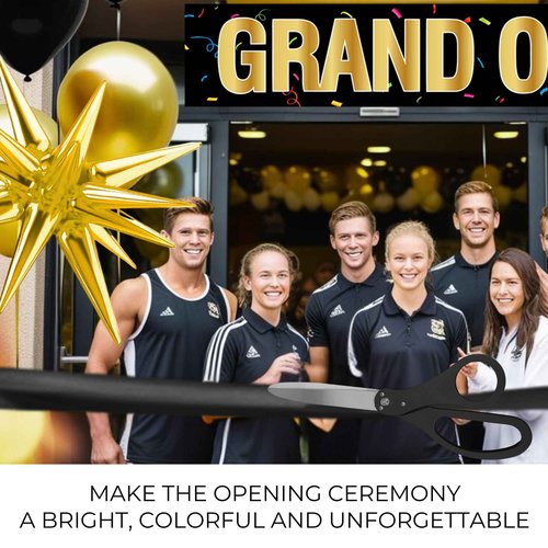 Black Ribbon Cutting Ceremony Kit - 25 Inch Scissors for Grand Opening Gold Satin Ribbon Gold Star Balloons and Grand Opening Banner for Inaugurations Special Events Ceremonies