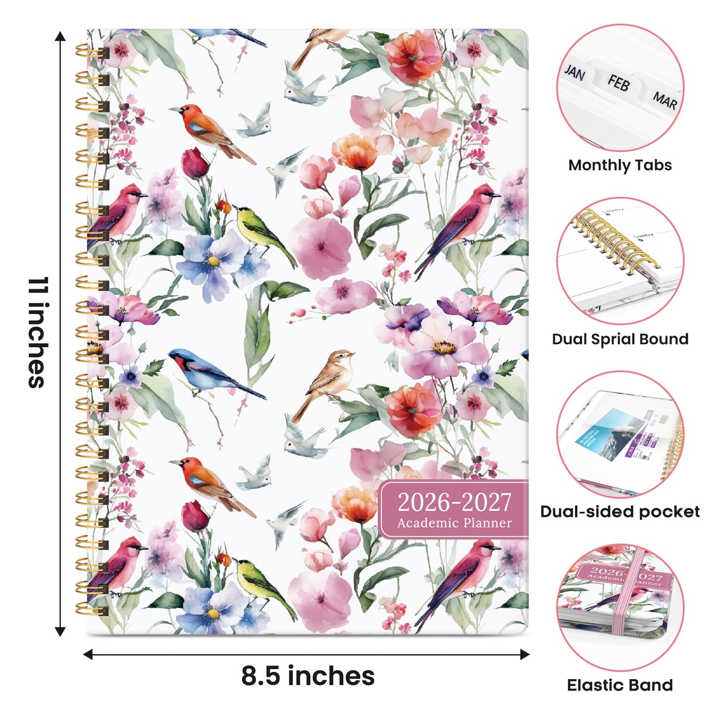 Academic Planner 2026-2027, Weekly and Monthly Calendar Book, July 2026 – June 2027, Hardcover Planner with Tabs, Perfect for Teachers, Students, Women & Men, A4 (8.5" x 11") - Songbird Bloom