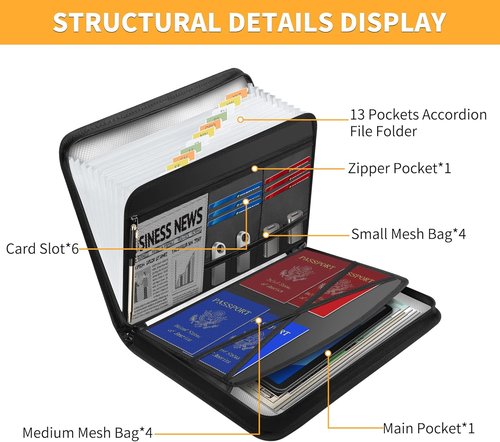 JUNDUN Fireproof Document Organizer - 13 Pocket Accordion File with Zipper & Labels for A4/Letter Files