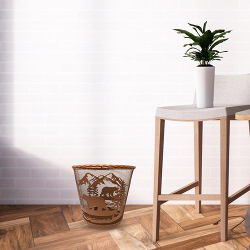 Rustic Mountain Forest Bear Metal Wastebasket – Brown Mesh Trash Bin with Wildlife Design for Home, Office, or Bathroom Decor – Nature-Inspired Accent