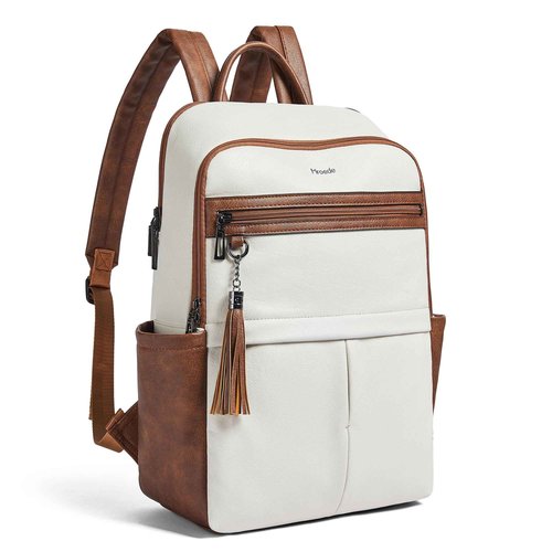Leather Laptop Backpack for Women, 15.6" Causal Daypack Backpacks Purse Computer Backpack with Laptop Compartment for Travel Work College Business, Beige Brown