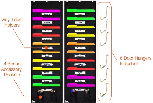 COMPONO Wall Storage Pocket Charts for Classroom (10 Pocket - 2 Pack, Black w/ window) File Organizers - Best Hanging File Pocket Chart for School, Classroom, Home or Office Use. Wall Pocket Chart