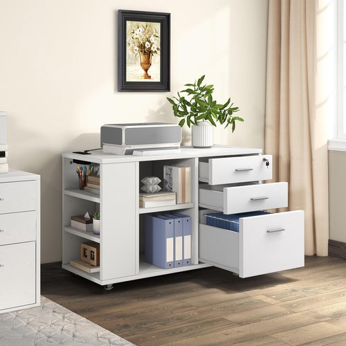 DWVO File Cabinet with Charging Station, 3 Drawer Mobile Office Furniture, Lateral Filing Cabinet with Lock, Printer Stand with Open Storage Shelf for Home Office, White