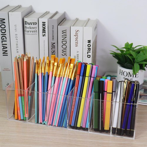 Flytreal Acrylic Pen Holder for Desk, 6 Compartments Clear Pencil Marker Makeup Brush Stationery Organizer for Art Supplies, Desk Accessories, Office Supplies, Vanity, Bathroom, Kitchen
