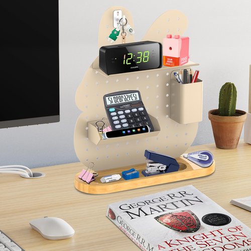 Solid wood base perforated board desk rack desktop shelf with perforated board hook set stationery art supplies storage suitable for office dormitory home desk storage rack (rabbit style 1 piece)