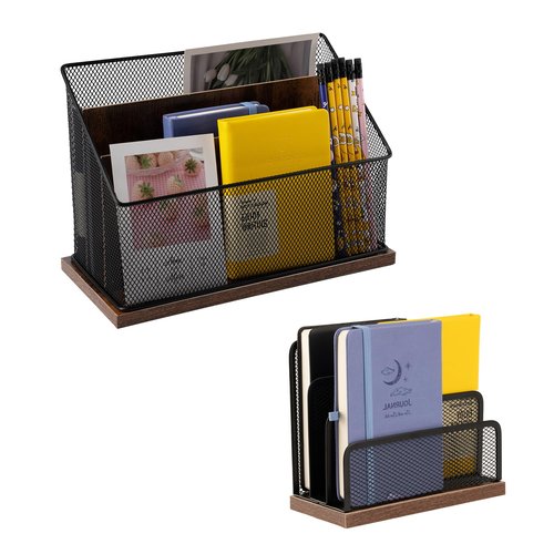 ASIFMTHOT 3-Tier Vertical File Storage with Retro Wooden Desk Mail Organizer and Metal Mesh Desktop Organizer for Home Office