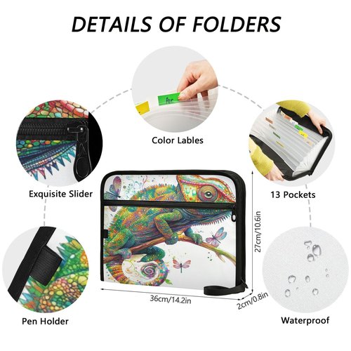 13 Pockets Expanding File Folders with Labels A4 Letter Size Paper Accordion Document Organizer with Zipper Office School Cartoon Chameleon Reptile White
