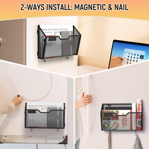 Docnest 3 Pack Magnetic Wall Mounted File Holders,Mesh Letter Organizer with Hooks, Magnetic Hanging Mail Paper Document Organizer for Office, Home, School, Black