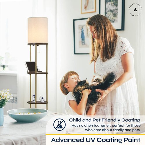 ATAMIN Modern Floor Lamp with Shelves and Fast Charging Ports – USB-C, USB, Wireless Charging, and Compact Storage Shelf Lamp for Connected Living