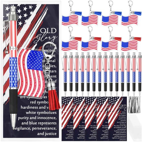 Sayglossy 50 Sets Veterans Day Gift Veterans Ballpoint Pen American Flag USA Acrylic Keychain with The USA Patriotic Themed Card Souvenirs Gifts for Veteran Patriotic Party Supplies