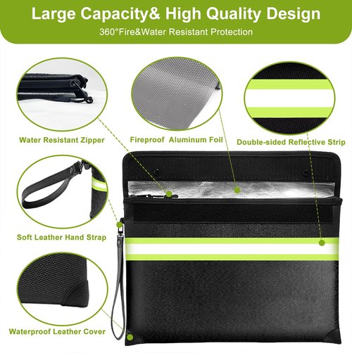 6500°F Fireproof Document Bag,Upgraded Fireproof Money Bag with Waterproof Zipper,10 Layers Heat Insulated Materials/Reflective Strip with Handle for Important Documents
