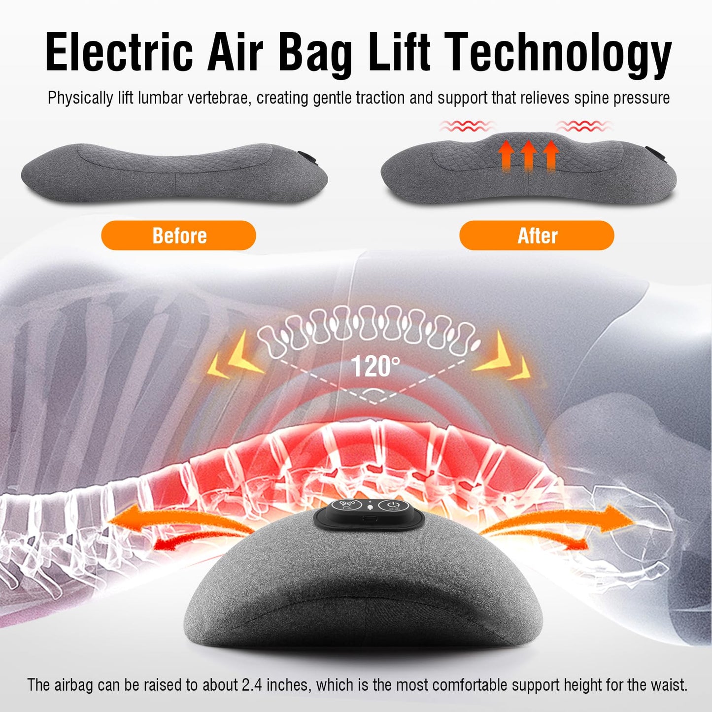 USUIE 3-in-1 Rechargeable Electric Lumbar Support Pillow with Heat & Massage & Traction, Ergonomic Lower Back Massager for Pain Relief Deep Tissue, Ideal for Car/Bed/Sleeping/Office Chair/Travel