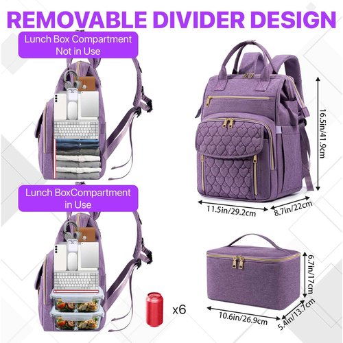 Xocvji Lunch Backpack for Women, Laptop Backpack Fits 15.6 Inch, Insulated Cooler Backpacks with Lunch Box, Nurse/Teacher/Work Bag for Travel Beach Camping Picnics Womens Gifts, Purple