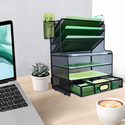 IOUGDSEC 7 Tier Desk File Organizer, Paper Tray Desk Organiser, Letter Tray Paper Organizer with Pen Holder and Metal Hanging Basket, Black