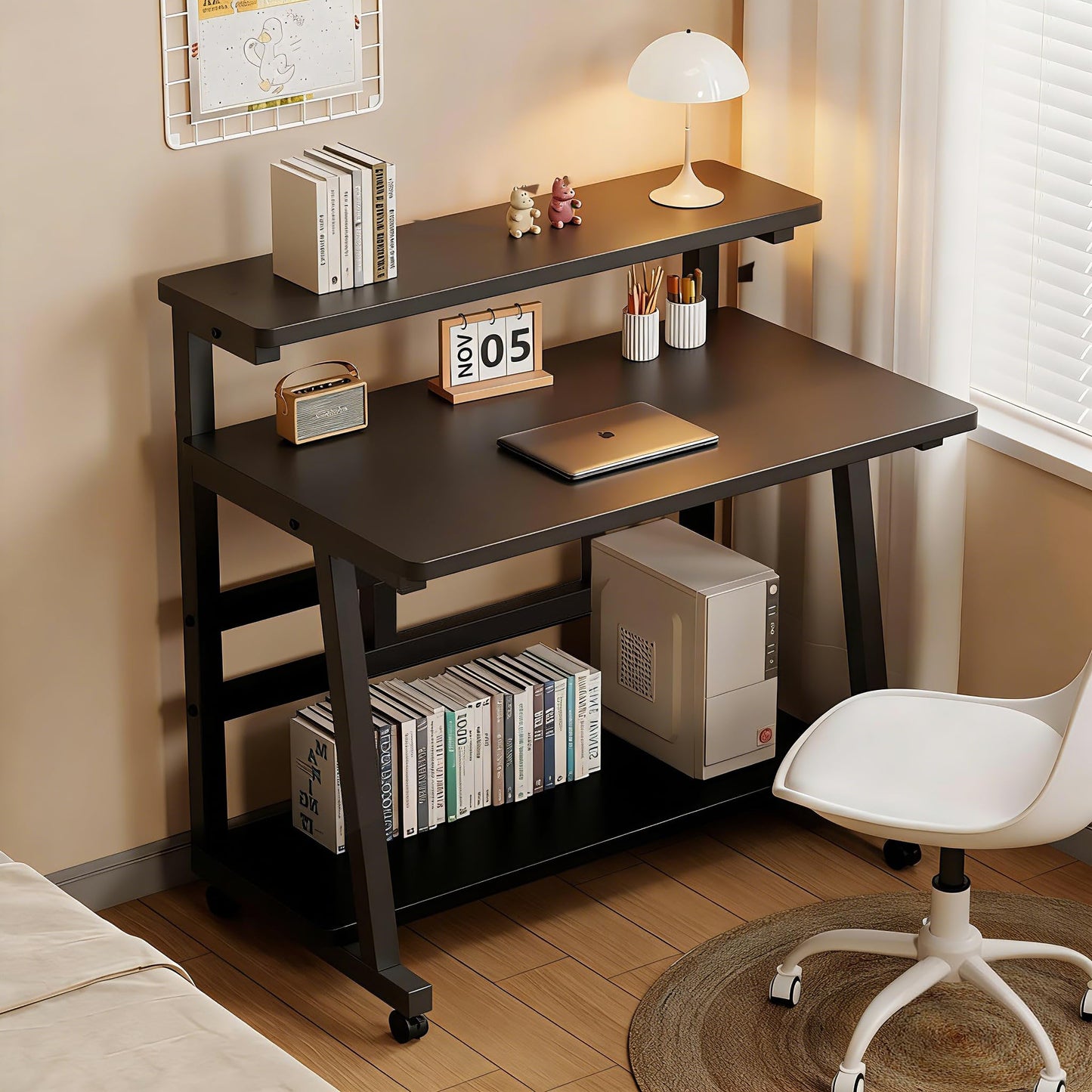 HDOFM 31.5 Inch Rolling Computer Desk for Small Spaces, Monitor Stand & 3-Tier Storage with Lockable Wheels, Easy Assembly for Bedroom, Dorm & Apartment