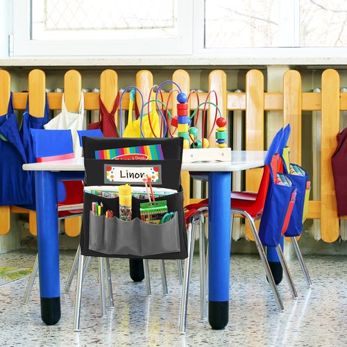 AUVCAS Black Chair Back Pocket School Seat Chair Storage Pocket Organizer with Label Slot Multiple Pockets for School Home Classroom Preschool Daycare