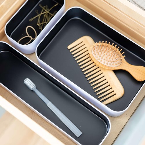 Three By Three Seattle 3 Piece Shallow Metal Organizer Tray Set for Storing Makeup, Stationery, Utensils, and More in Office Desk, Kitchen and Bathroom Drawers (2 Inch, Black and White)