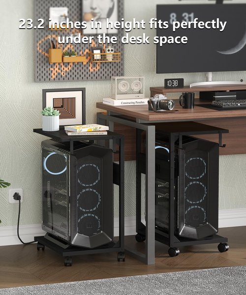 Akxomel 2 Tier Computer Tower Stand with Charging Station, 11.8"D x 16.5"W Rolling Floor PC Tower Stand Fits Under Desk, CPU Holder Cart for Carpet with Hooks, Home Office