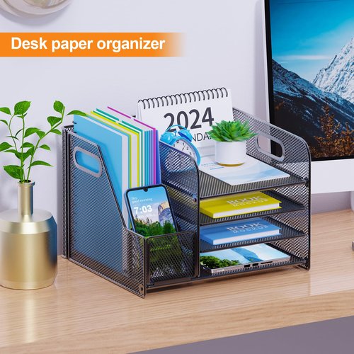 VEESUN 4-Tier Mesh Desk Organizer with File Holder – Office Supplies Organizer for Workspace Accessories, Black