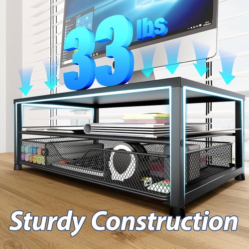 OPNICE Desk Organizer - 2-Tier Computer Monitor Stand Riser with Drawer & Pen Holders | Black