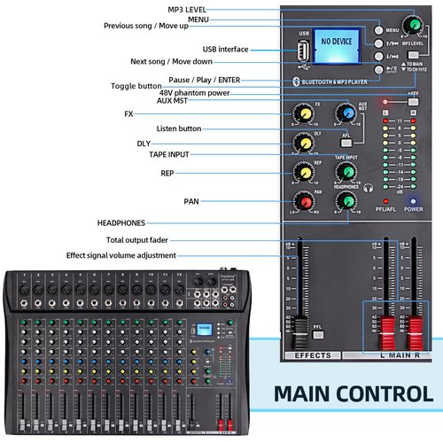 Depusheng DT12 Studio Audio Mixer 12-Channel DJ Sound Controller Interface w/USB Drive for Computer Recording Input, XLR Microphone Jack, 48V Power, RCA Input/Output for Professional and Beginners
