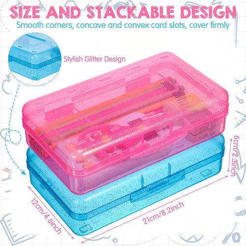 Cholemy 6 Pcs Plastic Pencil Box Large Capacity Glitter Clear Pen Box Hard Pencil Case with Snap Tight Lid Translucent Storage Organizer for Storing Office School Supplies(Red, Blue and Yellow)