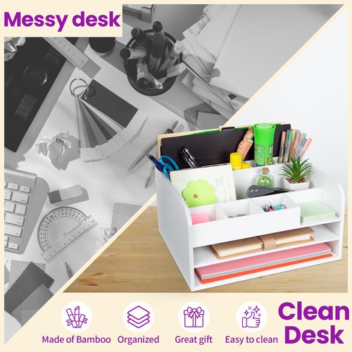 MissionMax White Bamboo Wood Desk Organizer, Max Storage with Two File Trays, Vertical File, Pens, Pads and Other Bins to Hold Your Work Necessities