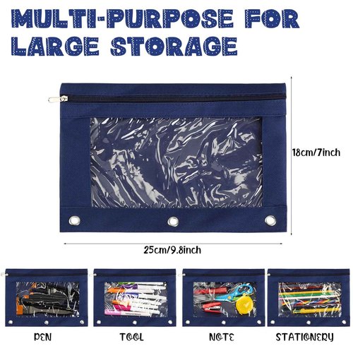 Marspark 30 Packs Pencil Pouch 3 Ring Binder Pen Pouch Cloth Pencil Pouches Zipper Pen Case Bag with Clear Window for School Office Writing Supplies Gifts(Navy Blue)