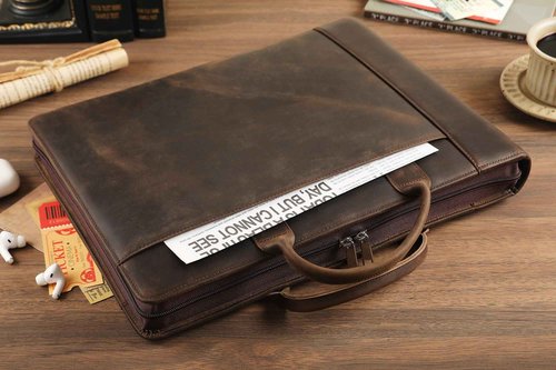 Handmade Leather Business Checkbook Binder - 7 Ring Check Binder with Handle, Check Holder Checkbooks for Business Checks for 3 Per Page 600 Checks Capacity for 9 x 13 inch Sheets, Dark Kahki