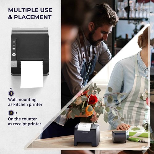 Volcora Thermal Receipt Printer, 80mm USB/Ethernet POS QR Code Printer with Auto Cutter for Cash Drawer/ESC/POS, Compatible with Android/Windows/Linux, Retailer, Restaurant Use, Wall Mount, Black