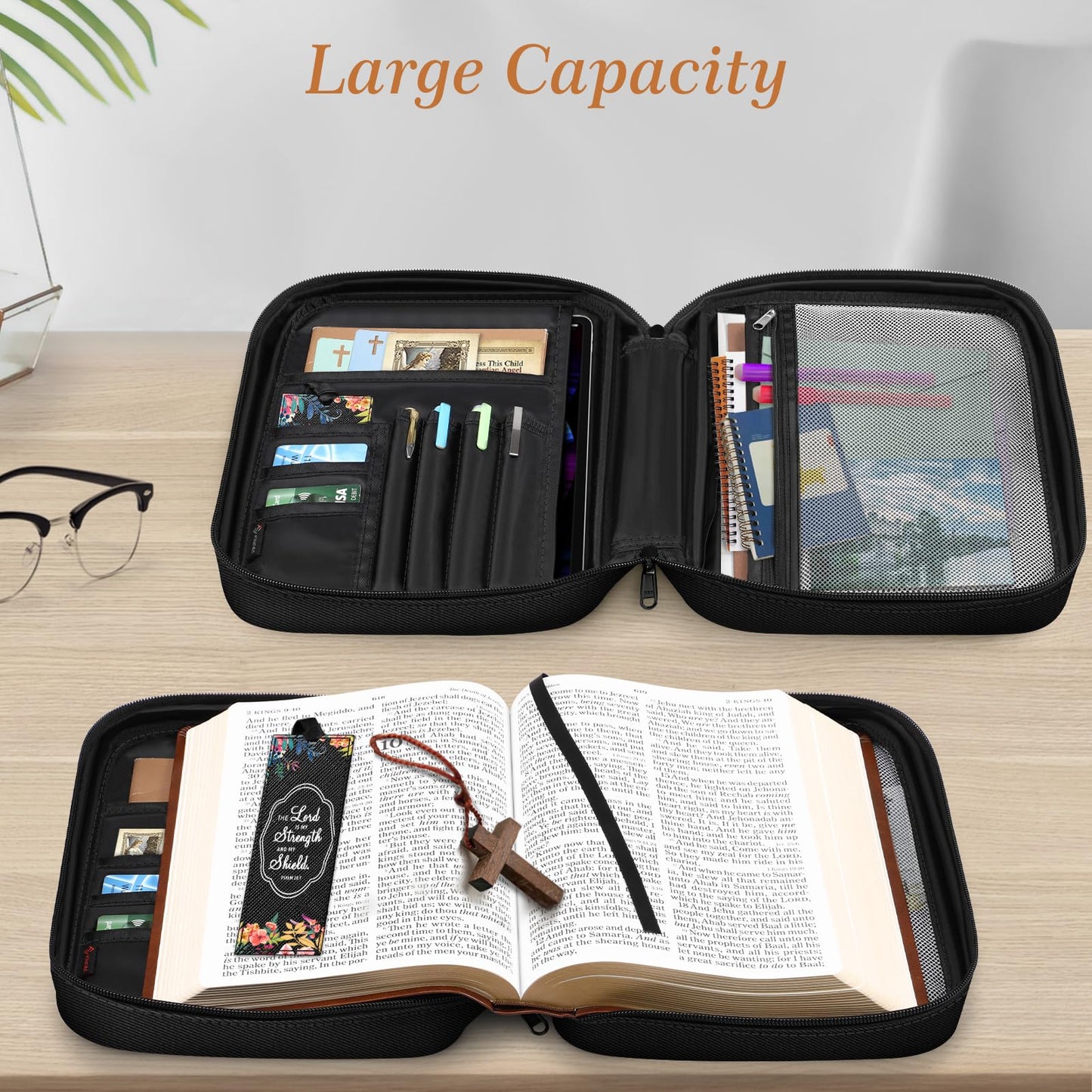 FINPAC Bible Cover, Carrying Book Case Church Bag Bible Protective with Handle and Zippered Pocket, Gift for Mother Lady Women Men, Floral Black