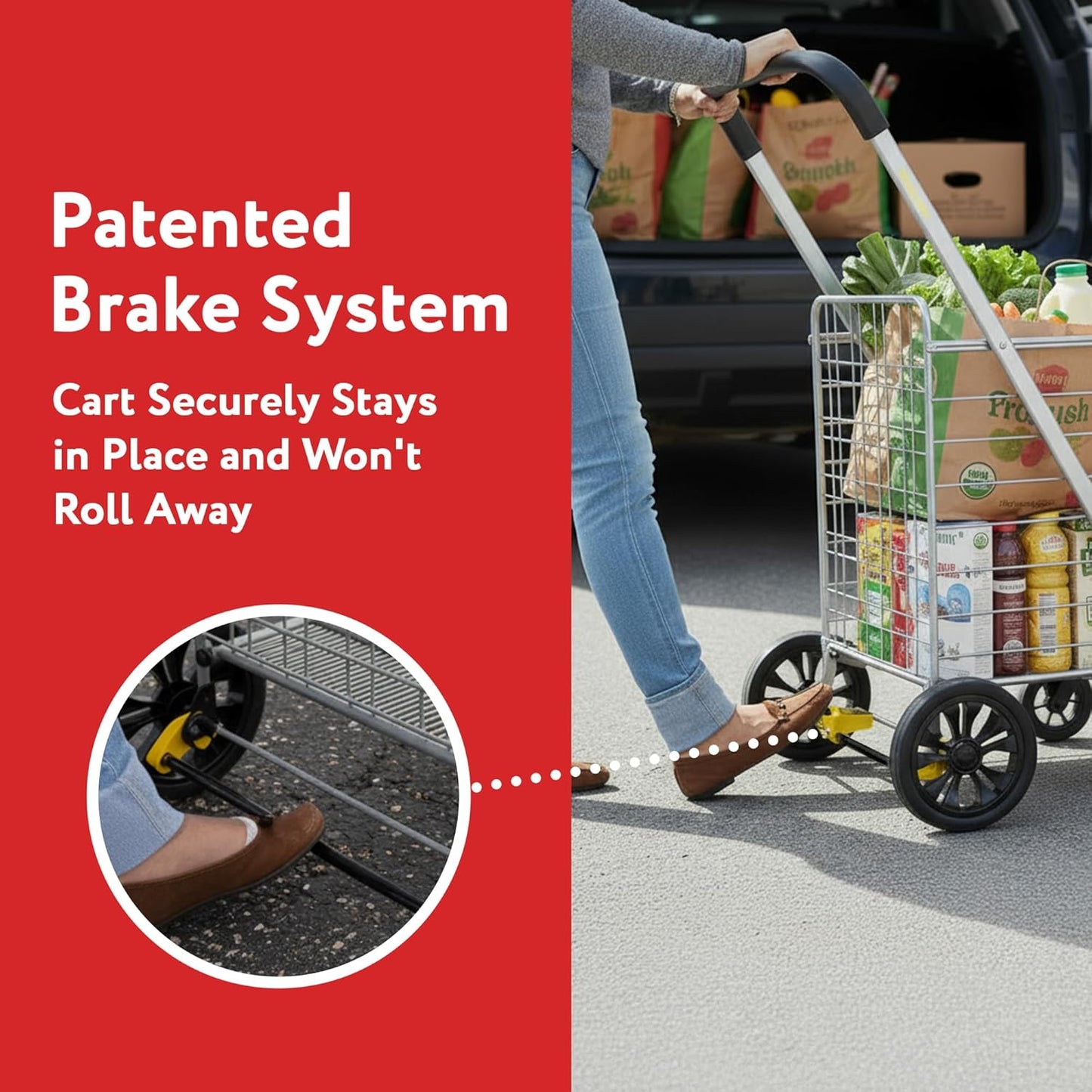 **dbest Products Cruiser Cart Deluxe - Heavy-Duty Foldable Shopping Cart with Wheels & Brake - 100 lbs Capacity, Silver Alloy Steel**