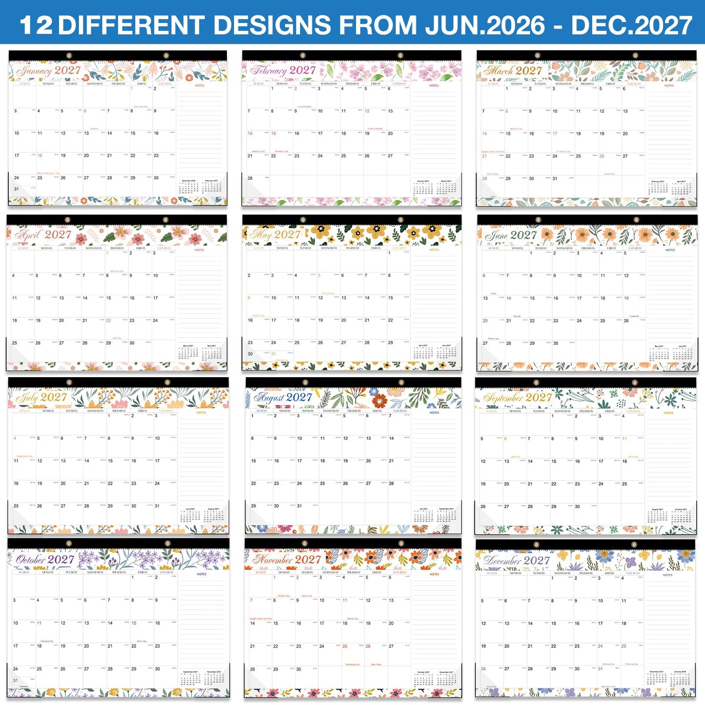 Desk Calendar 2026-2027 - 19 Month Desk Calendar july 2026-2027 Dec, 17" x 12", Large Monthly Desktop Calendar with Plastic Cover, Thick Paper, Corner Protectors - Floral (2 Stickers Included)
