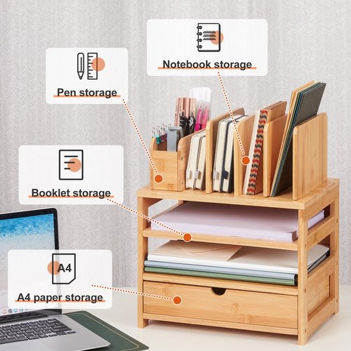 Homde Bamboo Desk Organizer with Drawer and File Holder, Office Organization for Desks with Adjustable Pen Holding, Desktop Letter Paper Tray Storage for Workplace Home School (Natural, L)