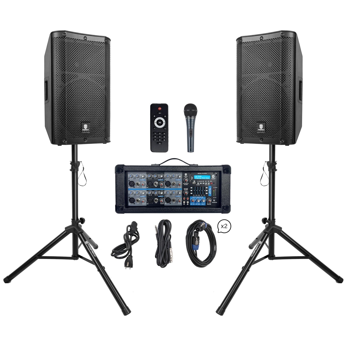 PRORECK DELTA 10 1800W Bluetooth PA Speaker System with 4-Channel Powered Mixer, 2 10-Inch Passive Speakers, Stands, Reverb Effects, and 15V Phantom Power. Perfect for DJs, Bands, Karaoke, Live Events