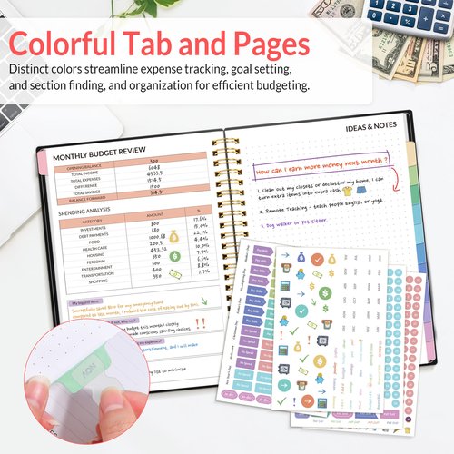 SUNEE Budget Planner - Monthly Budget Book with Expense Tracker Notebook, Undated 12 Month Bill Organizer & Finance Planner to Manage Your Money, A5(6.4" x 8.3") Account Book with Colorful Tab, Black