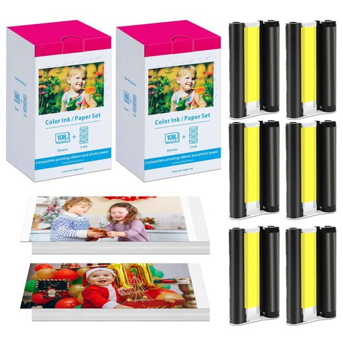2 Pack Compatible for Canon Selphy CP1500 Ink and Photo Paper KP-108IN KP108 Includes 6 Ink Cassettes + 216 Paper Sheets for Canon Selphy CP1300 CP1200 CP910 CP900 CP1000 Photo Printers