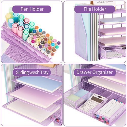 Gugsey Desk Organizer with File Holder, 5-tier Paper Letter Tray File Organizer with Drawer and Pen Holder, Metal Classroom Organization Office Accessories for School Office Supplies(Purple)