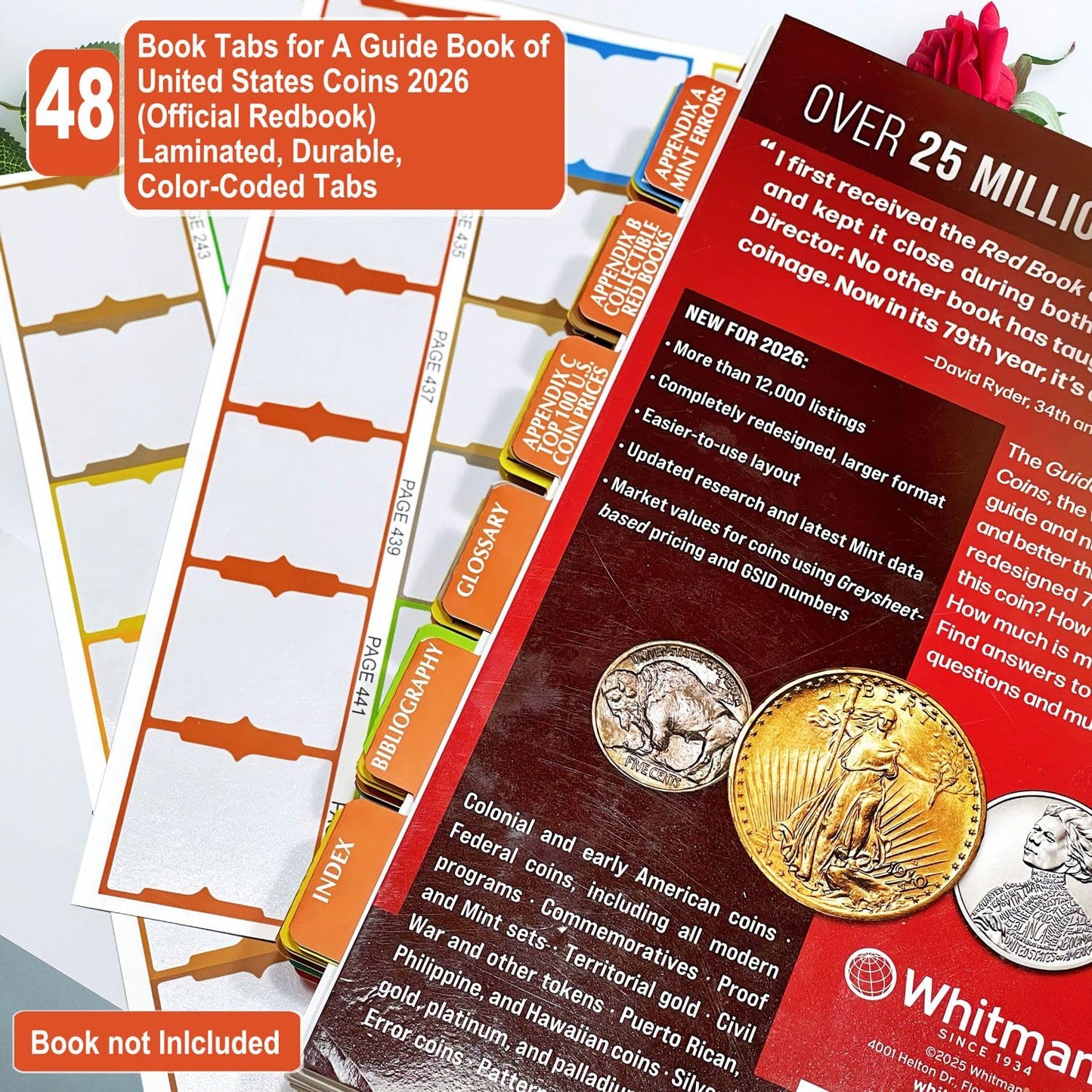 48 Color-Coded Book Tabs for Guide Book of US Coins 2026, Official Red Book Reference Guide, Laminated Durable Tabs with Alignment Card (Book not Inlcluded)