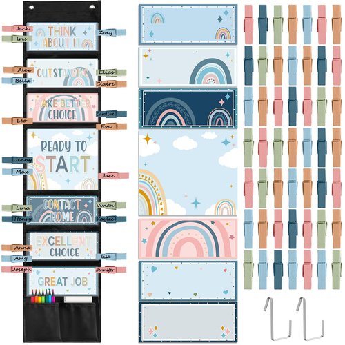 67 Pcs Student Behavior Clip Chart for Classroom Management Blue Boho Track Reward Incentive Behavior Pocket Chart Kids Boho Bulletin Board Hanging Tool for Teacher Office Elementary School Supplies