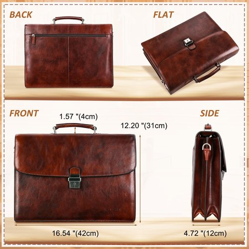 Banuce Premium Vintage Gradient Full Grain Italian Leather Briefcase for Men with Lock Legal Attorney Lawyer Briefcase 15.6 Inch Laptop Bag with Luggage Strap Brown
