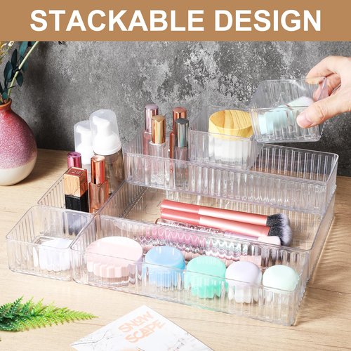 18 PCS Clear Plastic Drawer Organizer Set 4 Large Size Versatile Kitchen and Bathroom Organizer Trays, Non-Slip Storage Bins for Makeup, Utensils, Tool and Office Desk