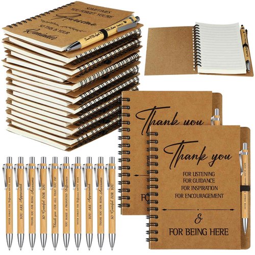 Glenmal 60 Pcs Thank You Gift Set Include Spiral Inspirational Notebooks Retractable Motivational Pens Employee Appreciation Gift Bulk Ruled Kraft Notebook Bamboo Thank You Pen for Teacher Coworker