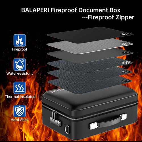 BALAPERI Fireproof Document Box with Fireproof Zipper,File Organizer Hard Case with Lock,Portable Document Safe for Important Document Laptop Valuables(Black,15.8"x5.9"x12.6")