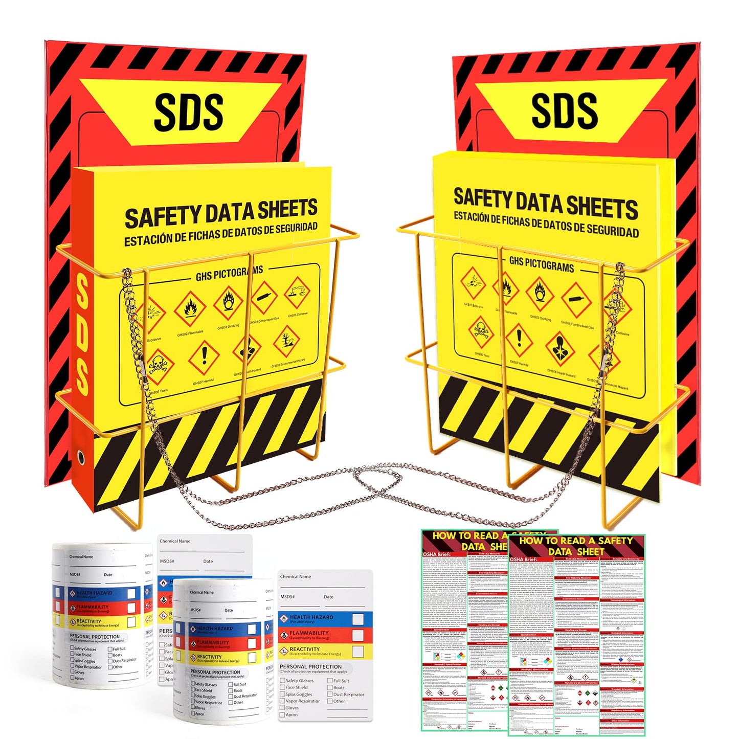 2 Pack MSDS SDS Binder and Wall Station,Yellow Heavy Duty 3 Inch Material Safety Data Sheet 3 Ring Binder with SDS Wire Rack and Display Sign,Chain,Safety Posters,MSDS Labels,Binder Wall Mount