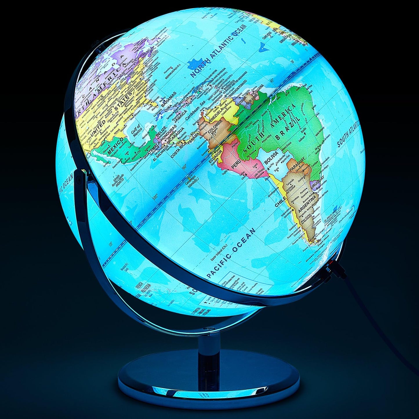 Amylove 13'' Illuminated World Globe for Adults 720°/360° Rotation Rewritable Kids Light-up Globe with Stand World Map for Interactive Learning Light with Base Lamp LED Decor(Metal,Practical)