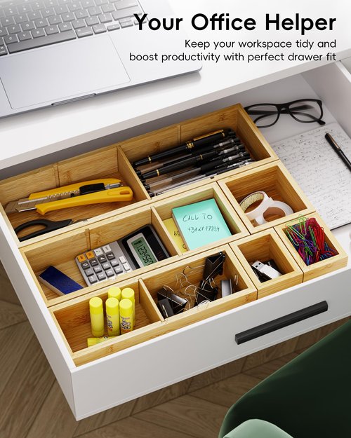 VA1KENE Desk Drawer Organizer Tray Set of 6 – Bamboo Office Storage Boxes with 12 Compartments for Office Supplies, Cosmetics, Jewelry and More